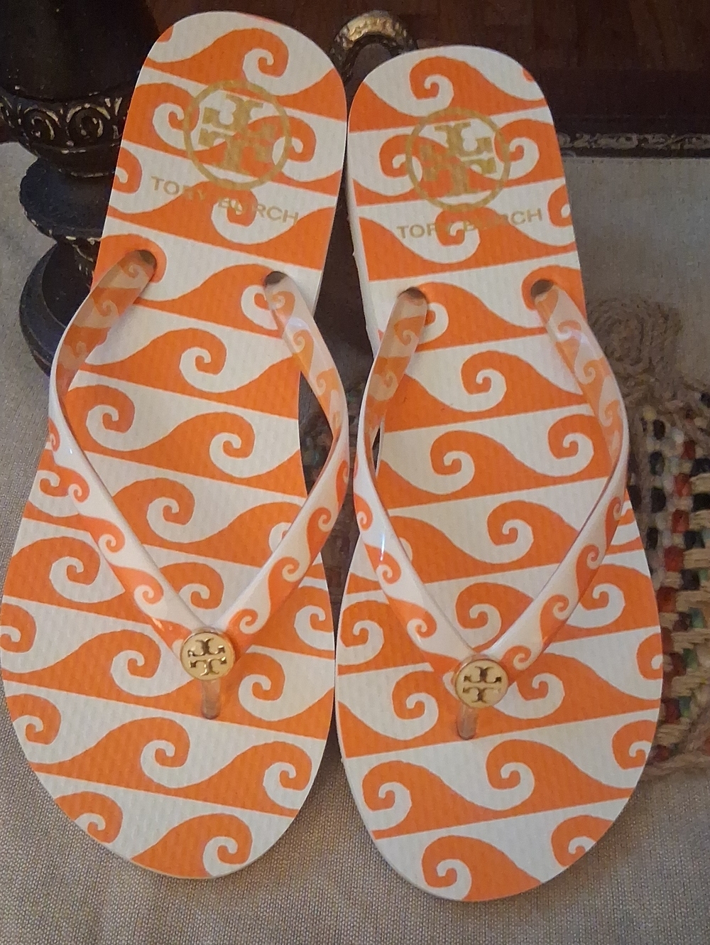 Tory Burch Orange & White Wave Flip Flop Sandals with Gold Logo